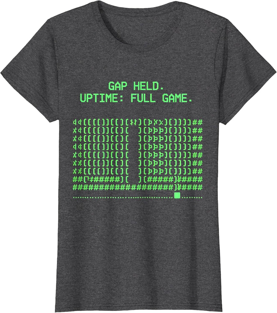 Women's Gap Held. Uptime: Full Game Funny Football Lineman Humor T-Shirt - Dark Heather Grey