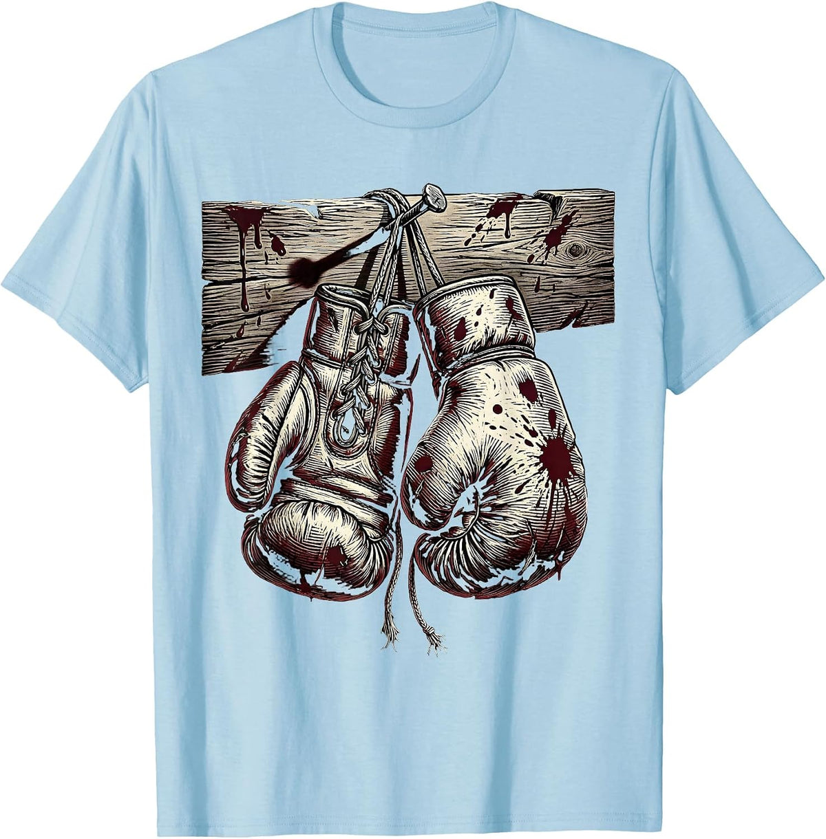 Men's Bloodied Boxing Gloves Hanging From Nail T-Shirt - Baby Blue