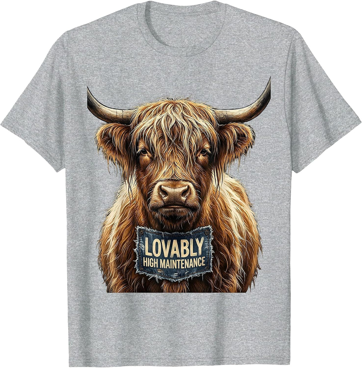 Men's Lovably High Maintenance Funny Highland Cow Novelty Humor T-Shirt - Heather Grey