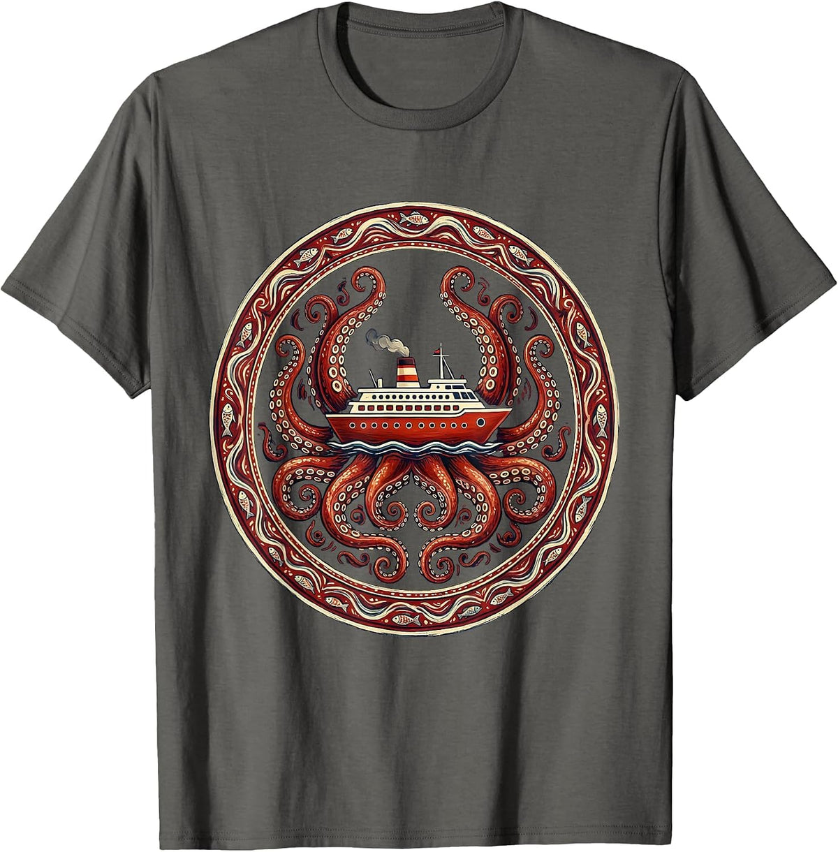 Giant Octopus Hugging Cruise Ship Illustration T-Shirt - Asphalt Grey