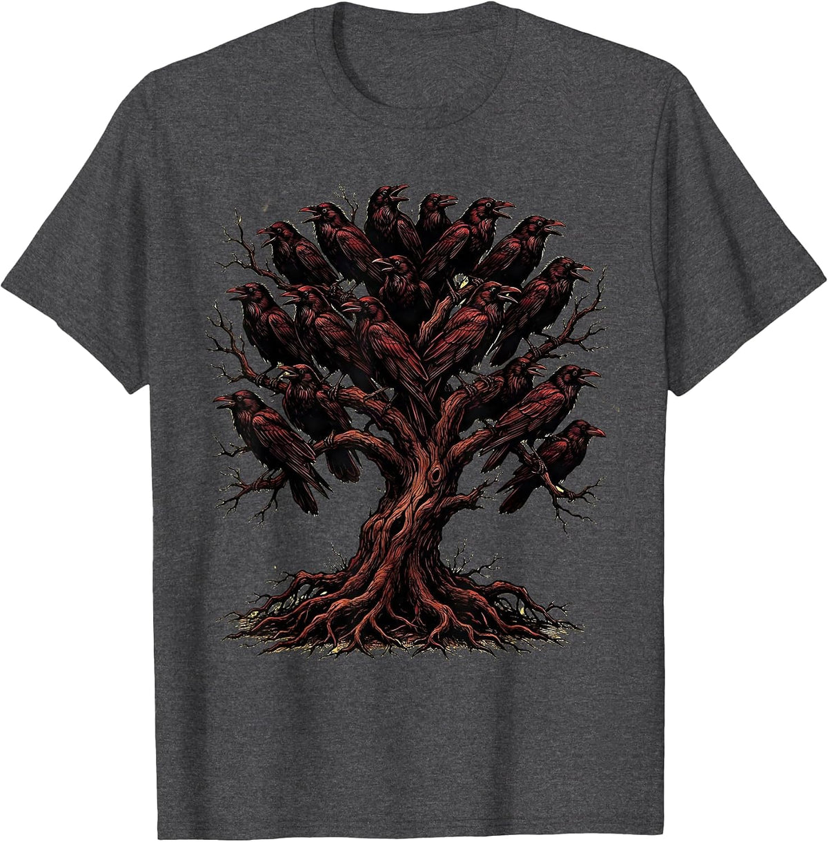 Men's Dead Tree Roosting Crows Dark Nature Illustration T-Shirt - Dark Heather Grey