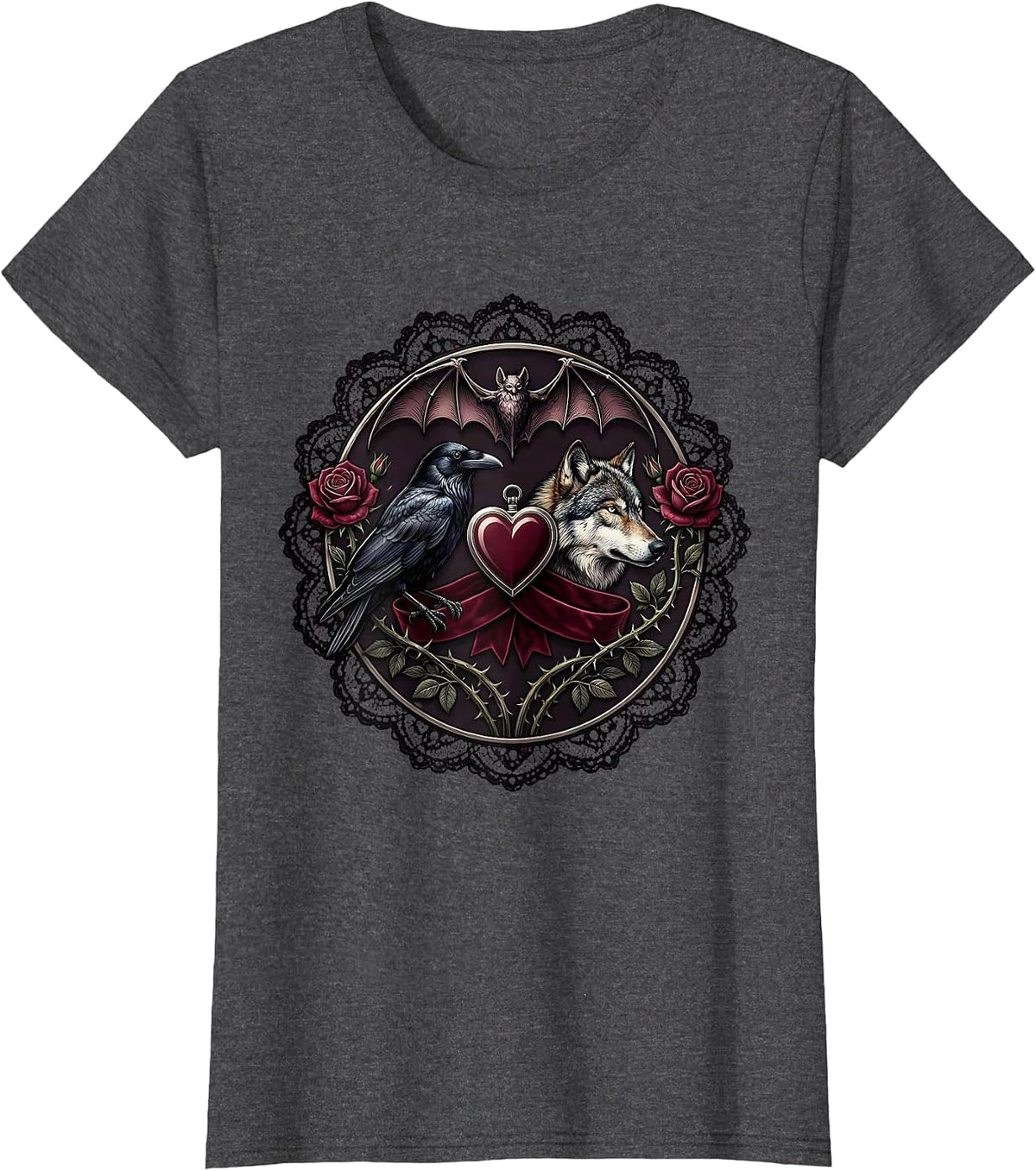 Women's Crow and Wolf Side by Side Wildlife Art Design T-Shirt - Dark Heather Grey
