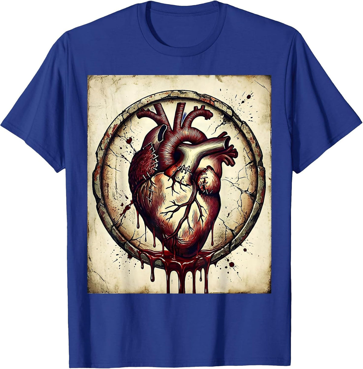 Men's Dripping Heart Torn Stitches Bloody Gothic Design T-Shirt - Royal Blue
