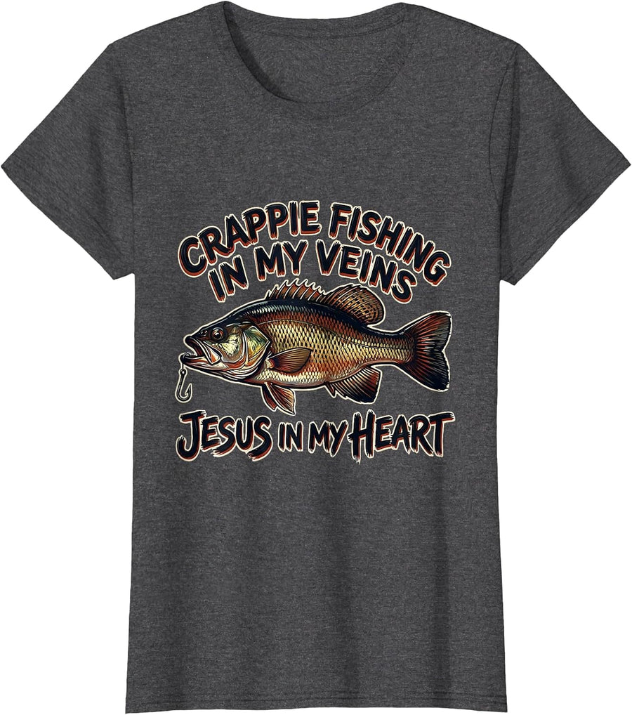 Women's Crappie Fishing In My Veins, Jesus In My Heart Christian T-Shirt - Dark Heather Grey