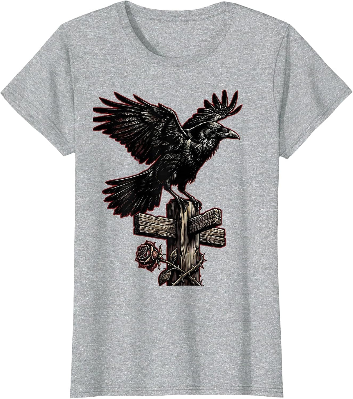 Crow Perched on Old Wooden Signpost Design T-Shirt - Heather Grey