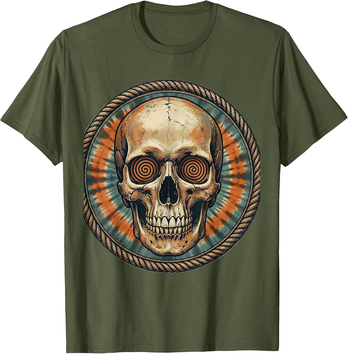 Skull Tie Dye Swirl Eye Sockets Graphic T-Shirt - Olive Green