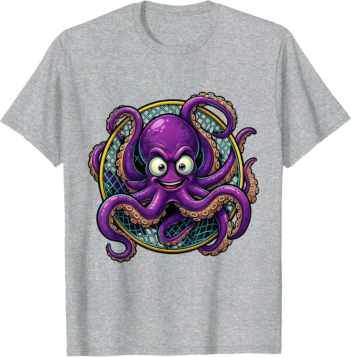 Men's Deep Sea Octopus Soccer Goal Net Illustration T-Shirt - Heather Grey