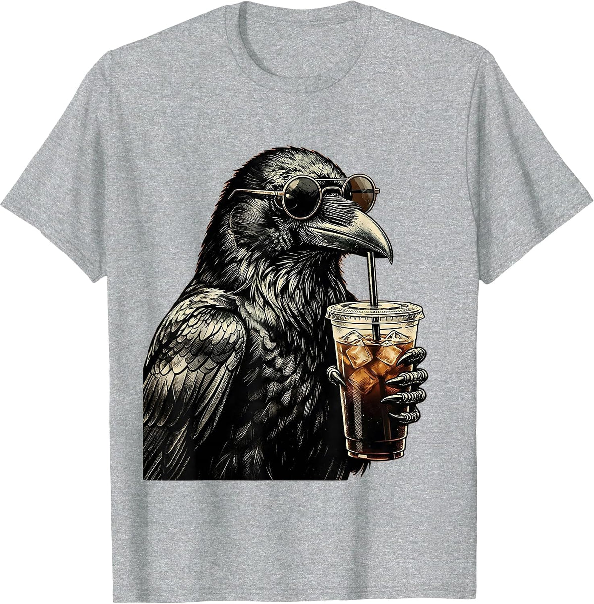 Men's Cool Crow in Sunglasses Drinking Iced Coffee T-Shirt - Heather Grey