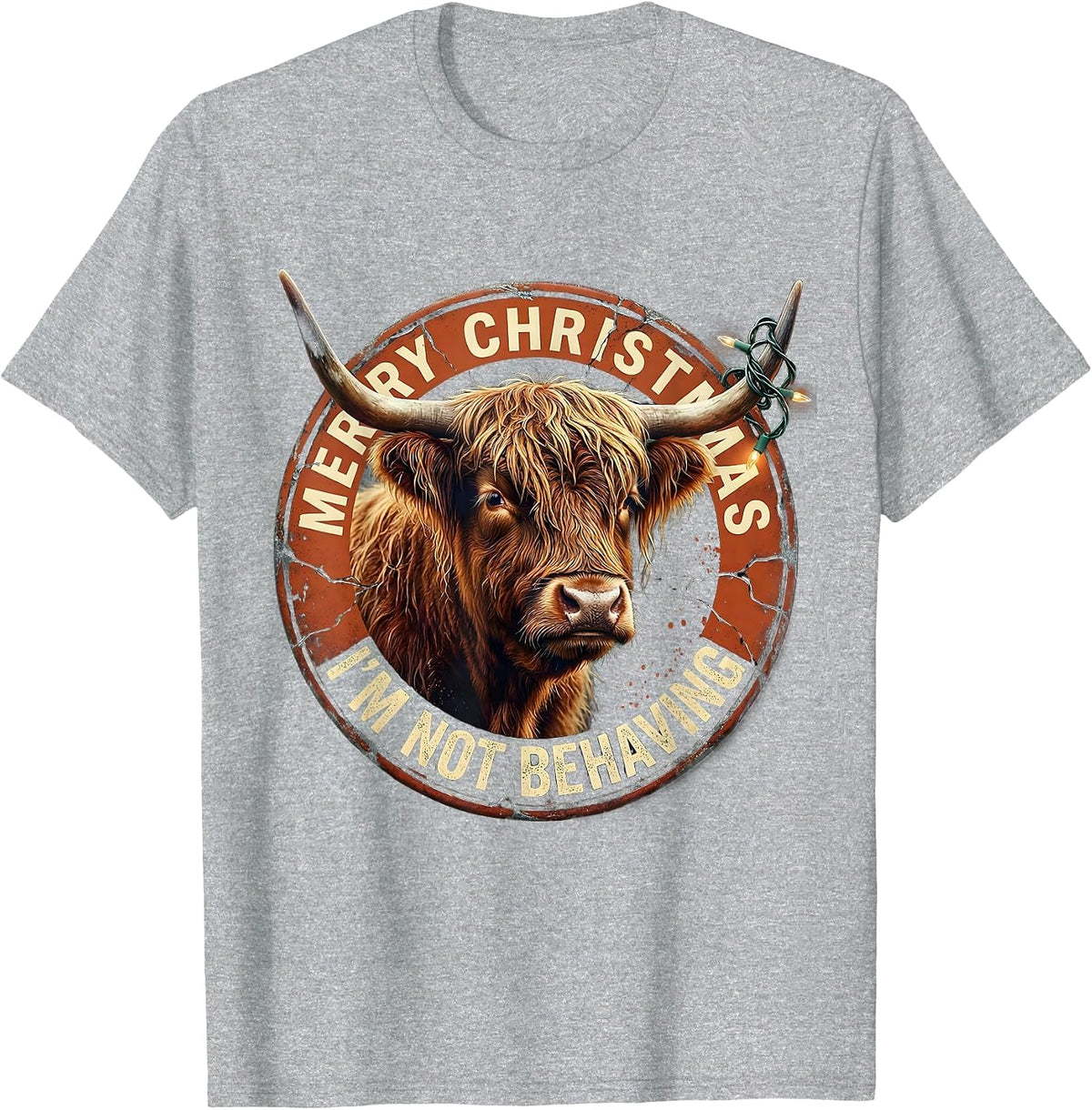 Men's Merry Christmas, I'm Not Behaving Distressed Highland Cow T-Shirt - Heather Grey