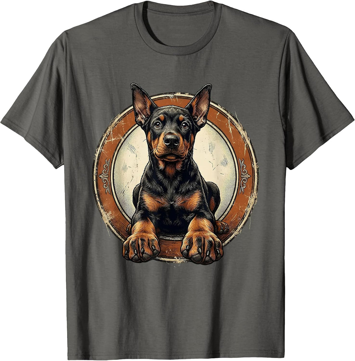 Cute Doberman Puppy Big Paws Sitting Graphic T-Shirt - Asphalt Grey