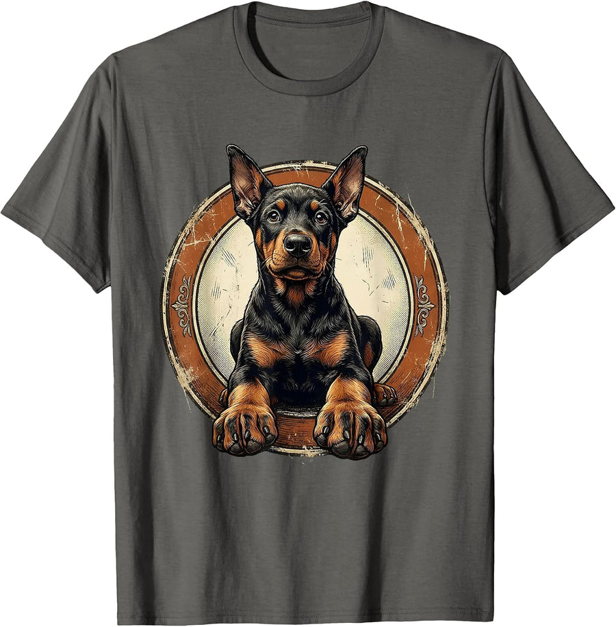 Cute Doberman Puppy Big Paws Sitting Graphic T-Shirt - Asphalt Grey
