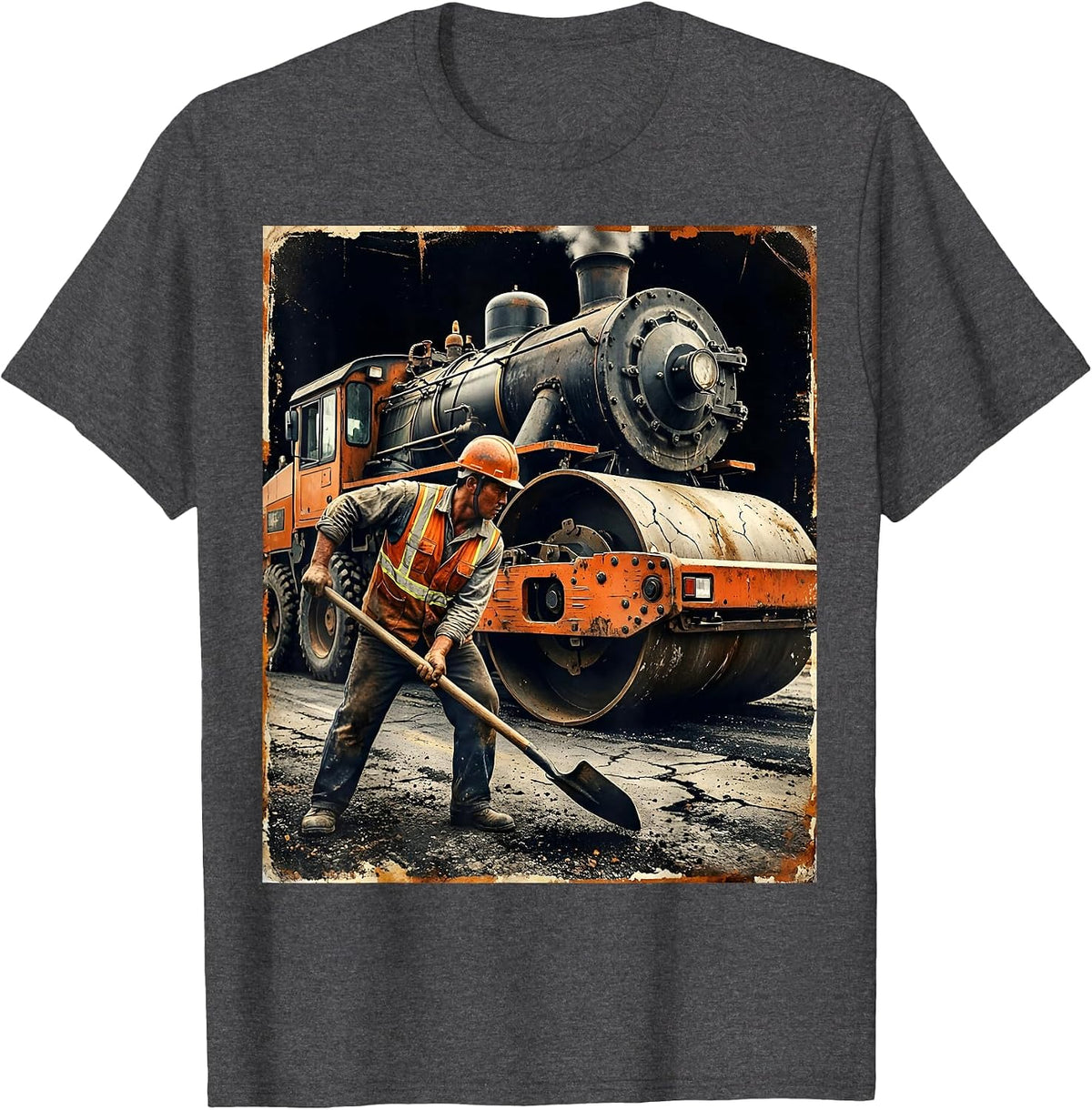 Labor Day Road Paver Steam Roller Graphic T-Shirt - Dark Heather Grey