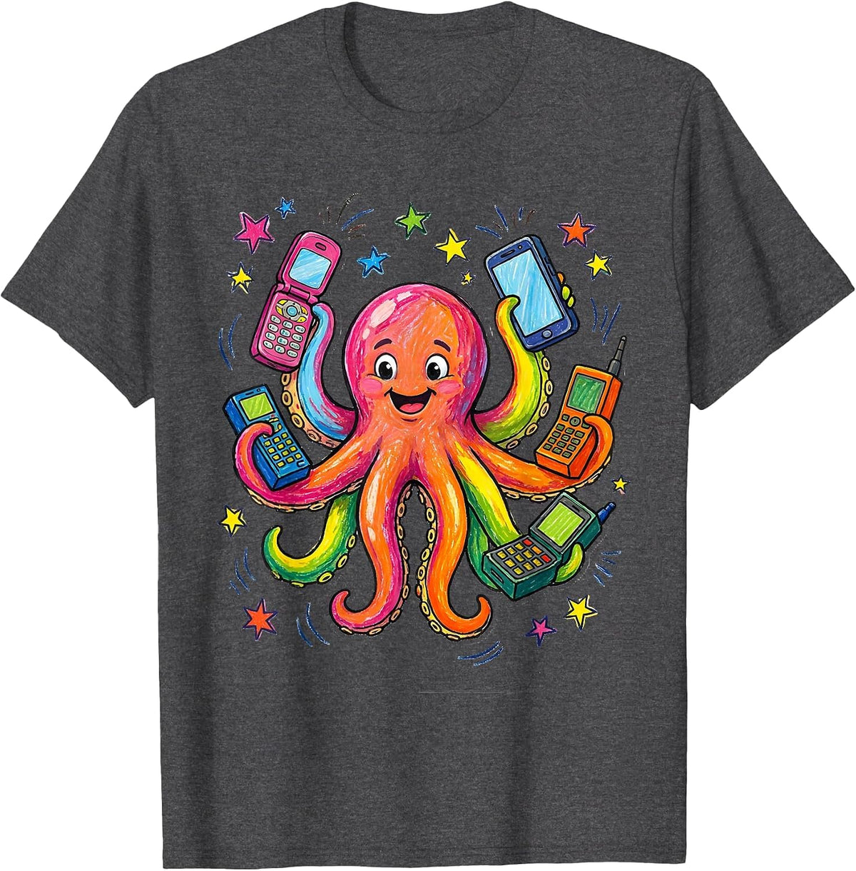 Men's Octopus Multitasking With Eight Phones Funny Art T-Shirt - Dark Heather Grey