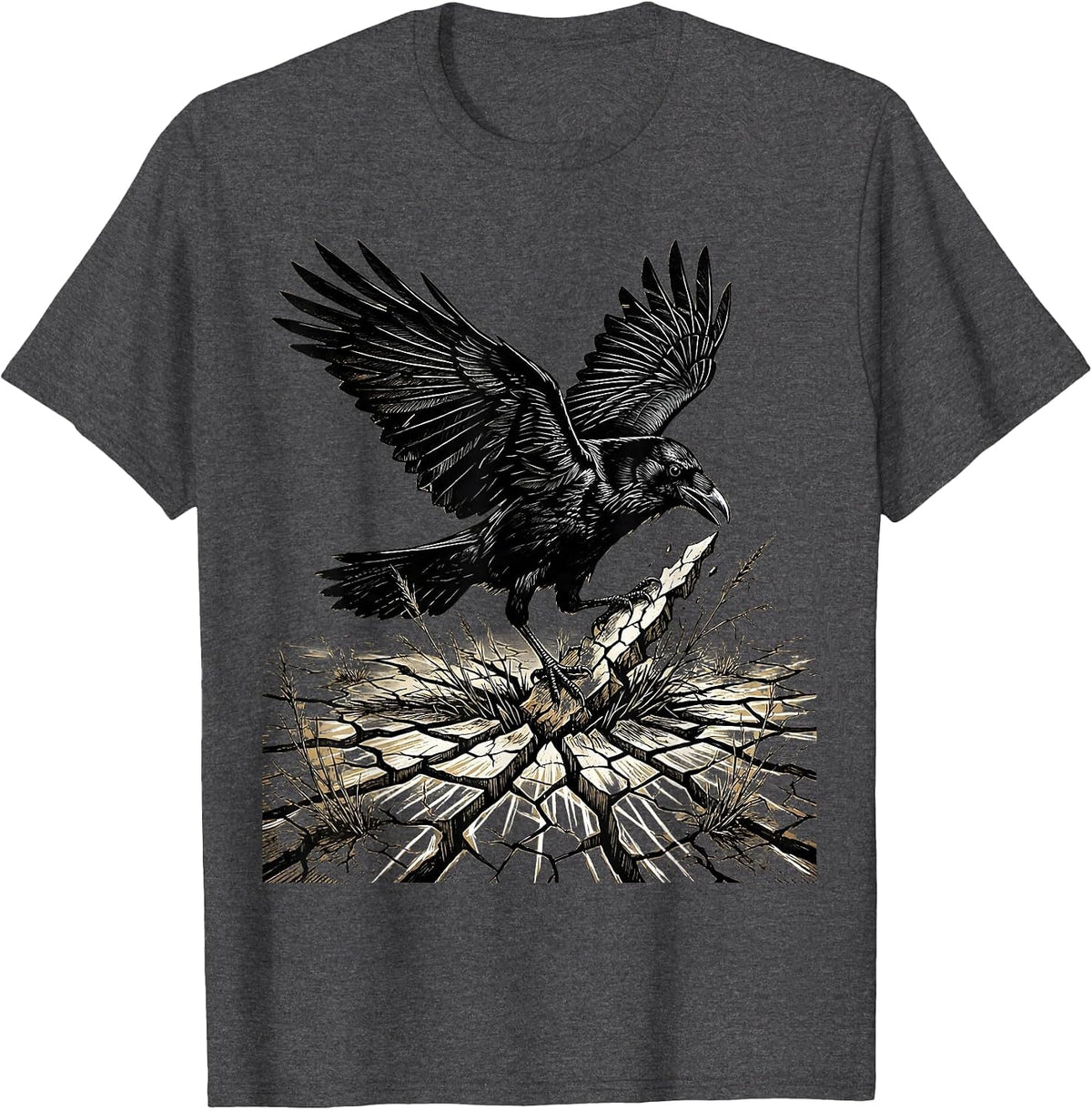 Crow Over Cracked Earth Dead Grass Illustration T-Shirt - Dark Heather Grey