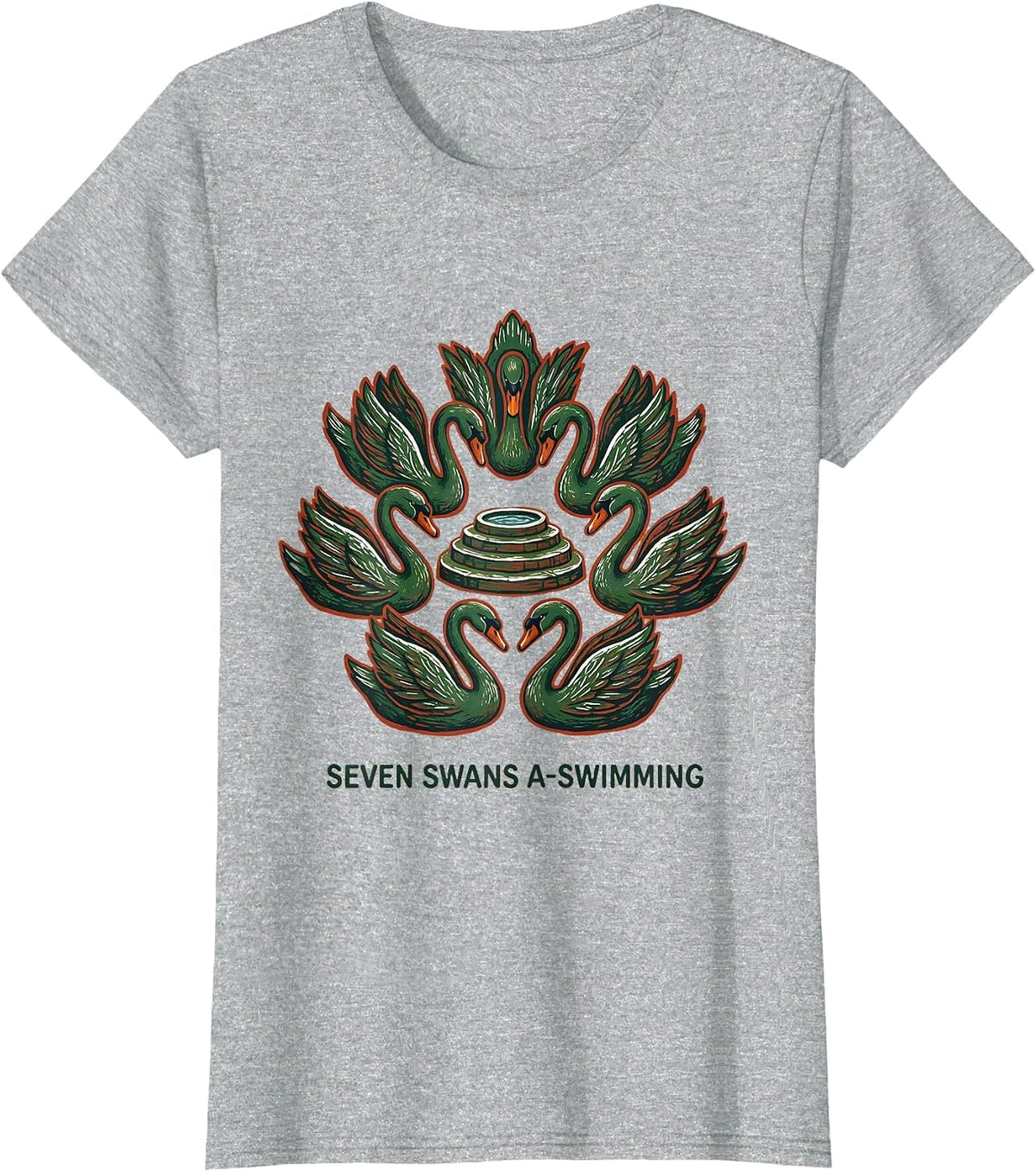 Seven Swans A-Swimming Folk Art Christmas Carol Verse T-Shirt - Heather Grey