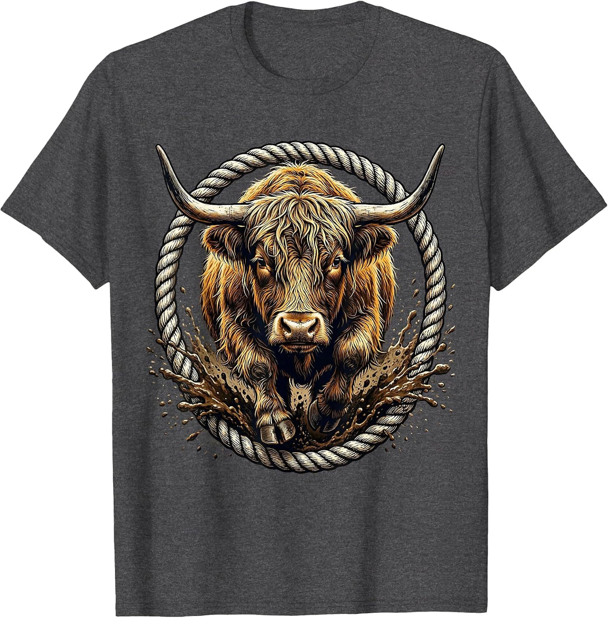 Highland Cow Charging Through Mud Graphic T-Shirt - Dark Heather Grey