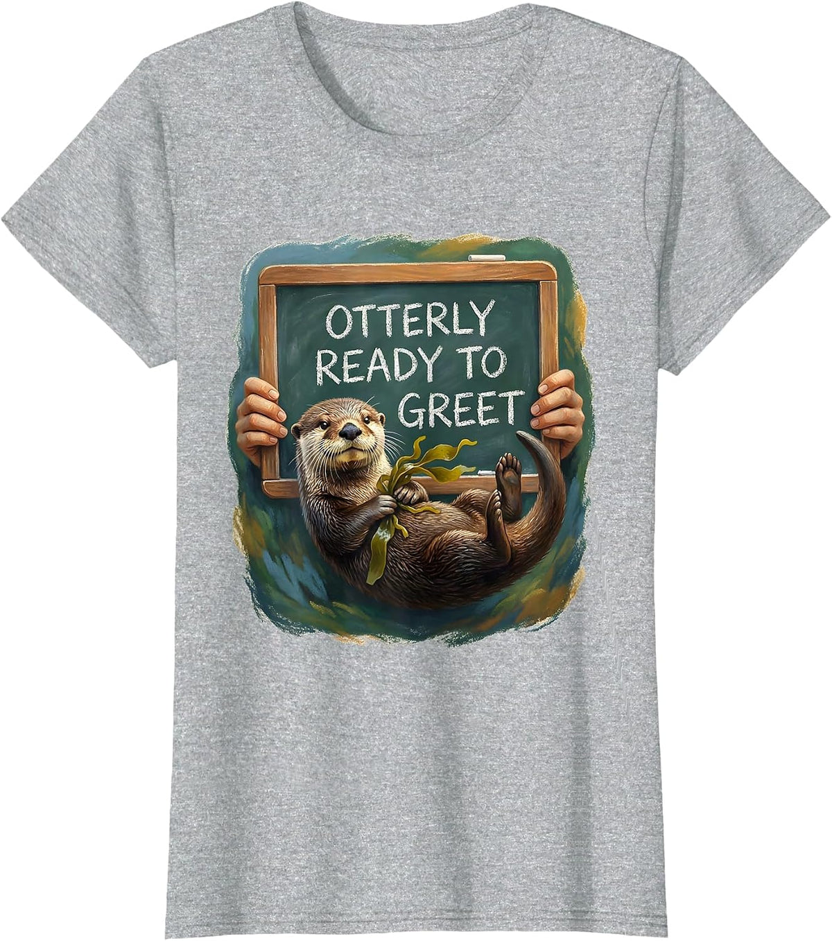 Otterly Ready To Greet Storybook Sea Otter Pun Humor T-Shirt - Heather Grey
