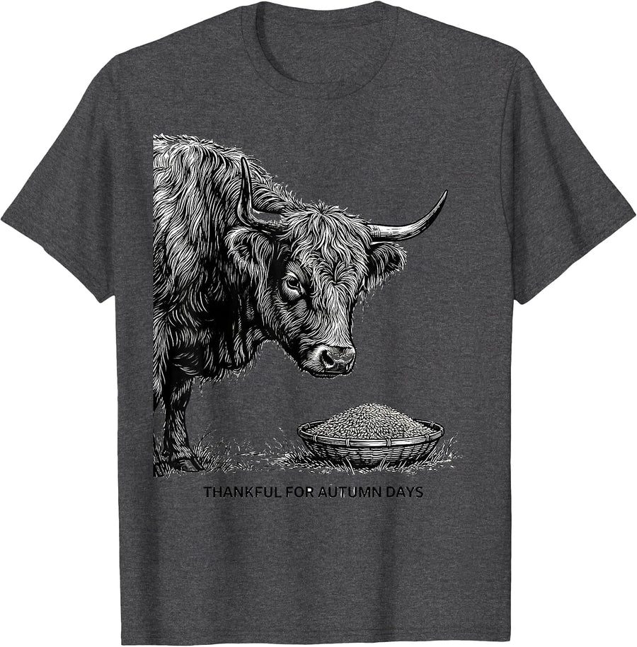 Men's Thankful For Autumn Days Cozy Highland Cow Fall Season T-Shirt - Dark Heather Grey