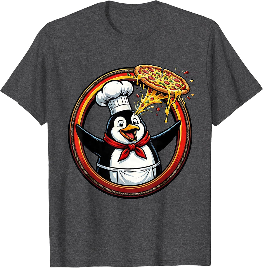 Men's Penguin Chef Tossing Pizza Graphic Design T-Shirt - Dark Heather Grey