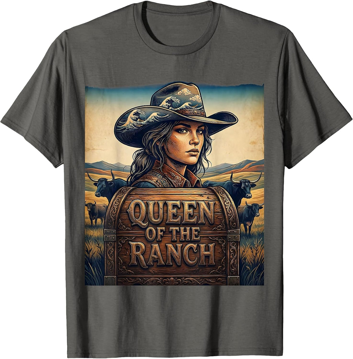 Queen of the Ranch Cow Design T-Shirt - Asphalt Grey