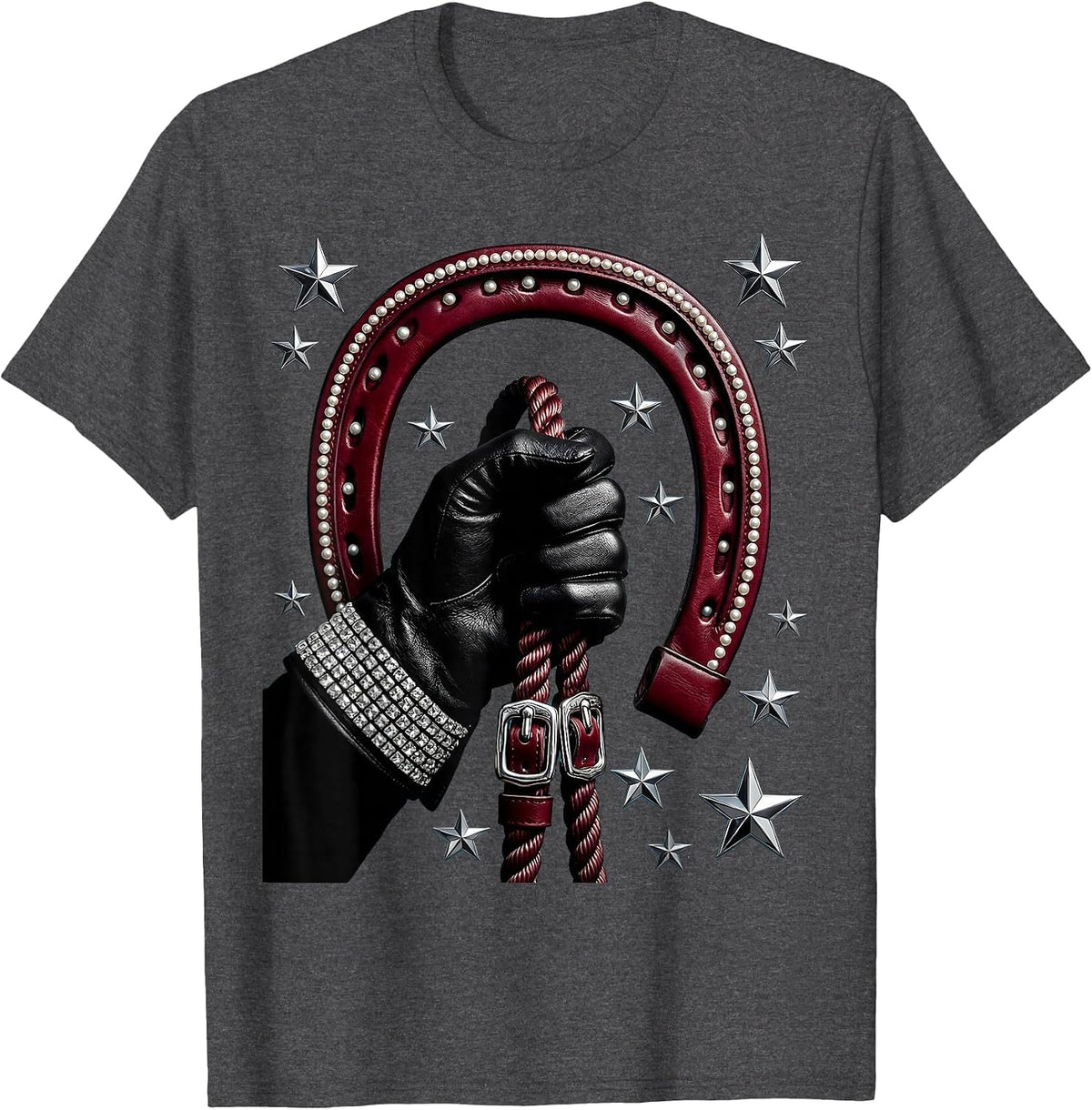 Cowboy Hand Holding Reins Stormy Sky Illustration T-Shirt - Dark Heather Grey