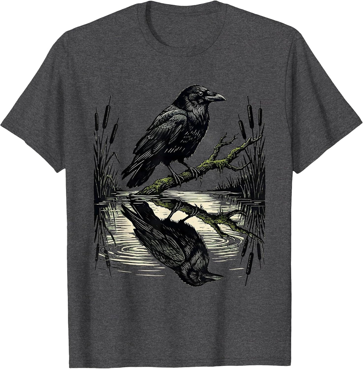 Crow Reflection Still Forest Pond Illustration T-Shirt - Dark Heather Grey
