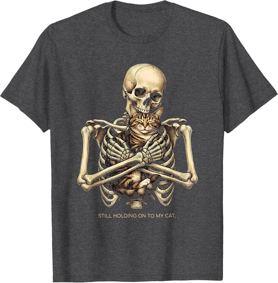 Men's Still Holding On To My Cat Funny Skeleton Hugging Cat T-Shirt - Dark Heather Grey