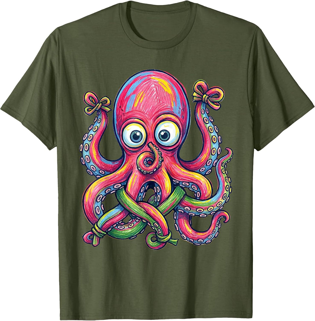 Men's Derpy Googly-Eyed Octopus Tangled Tentacles T-Shirt - Olive Green