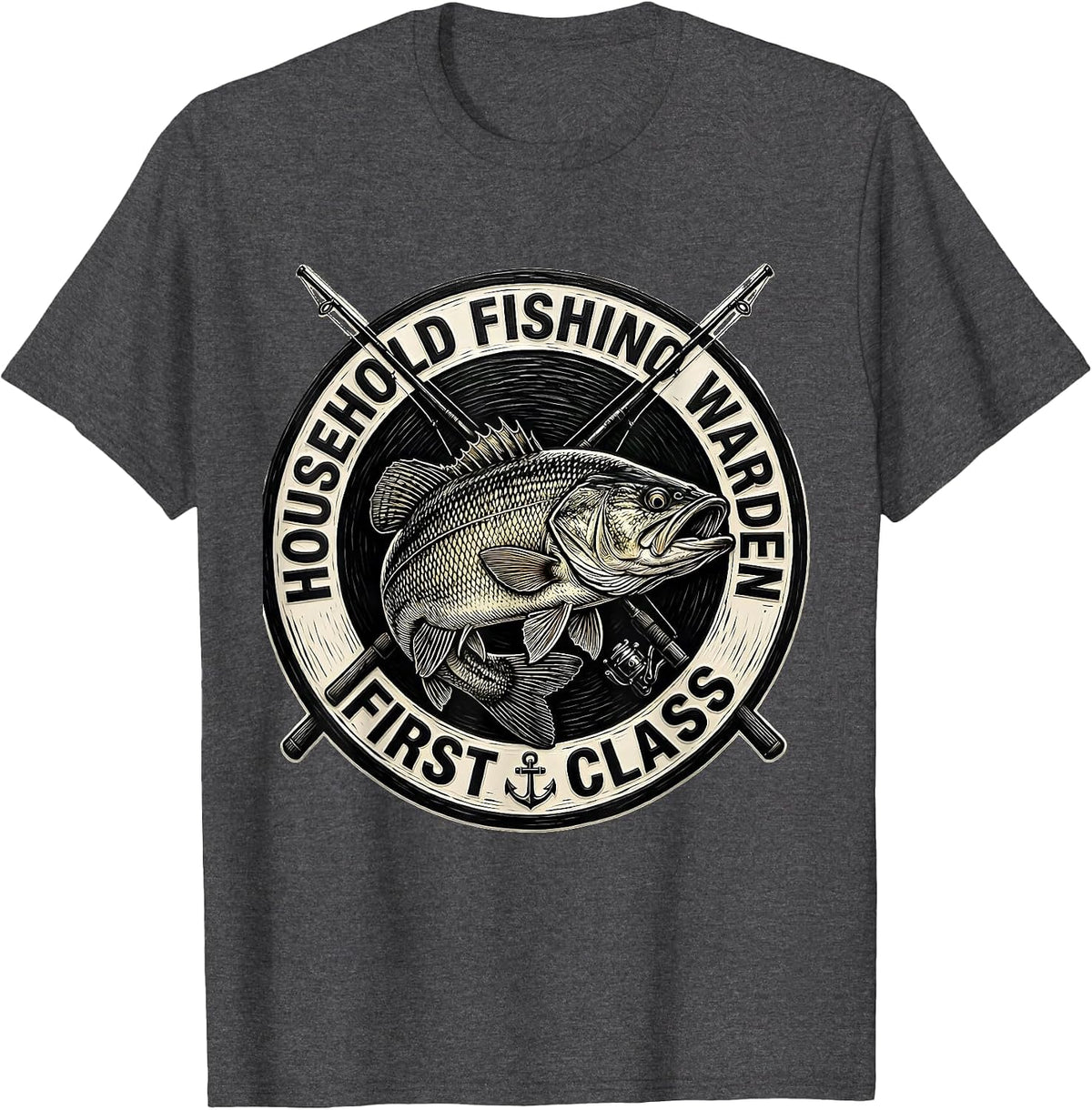 Men's Household Fishing Warden First Class Funny Fishing Humor T-Shirt - Dark Heather Grey