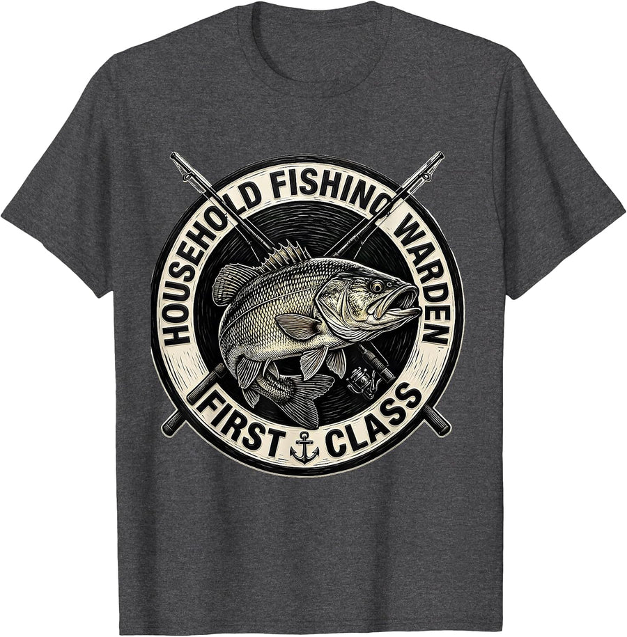 Men's Household Fishing Warden First Class Funny Fishing Humor T-Shirt - Dark Heather Grey