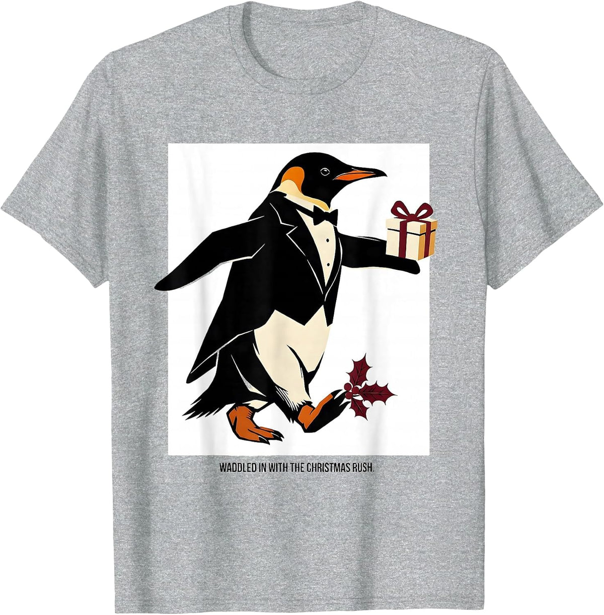 Men's Waddled In With The Christmas Rush Funny Penguin Lover Gift T-Shirt - Heather Grey