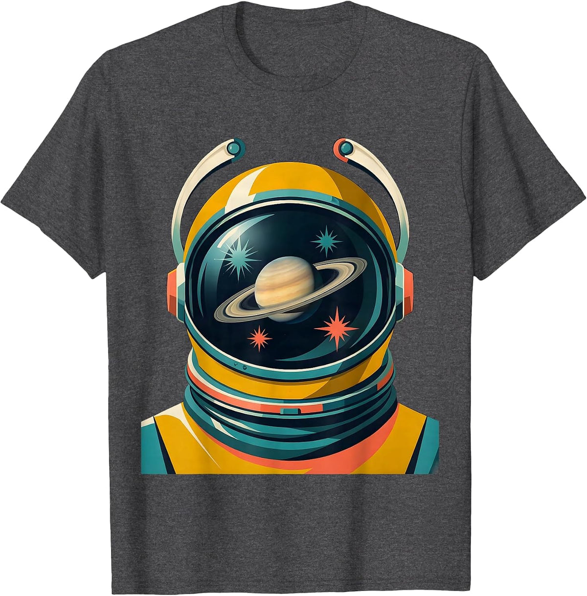 Men's Retro Space Helmet Planet Reflection Design T-Shirt - Dark Heather Grey