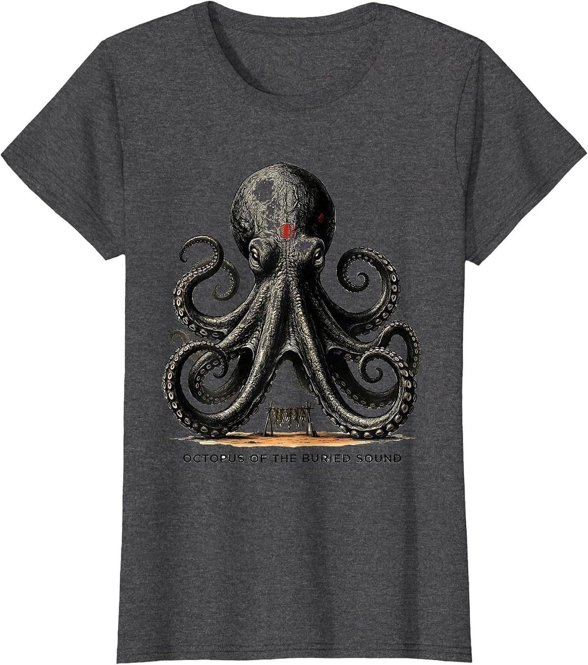 Women's Octopus of the Buried Sound Monochromatic Japanese Aesthetic T-Shirt - Dark Heather Grey