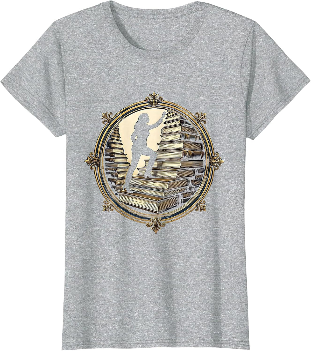 Book Lover Staircase Climbing Illustration T-Shirt - Heather Grey