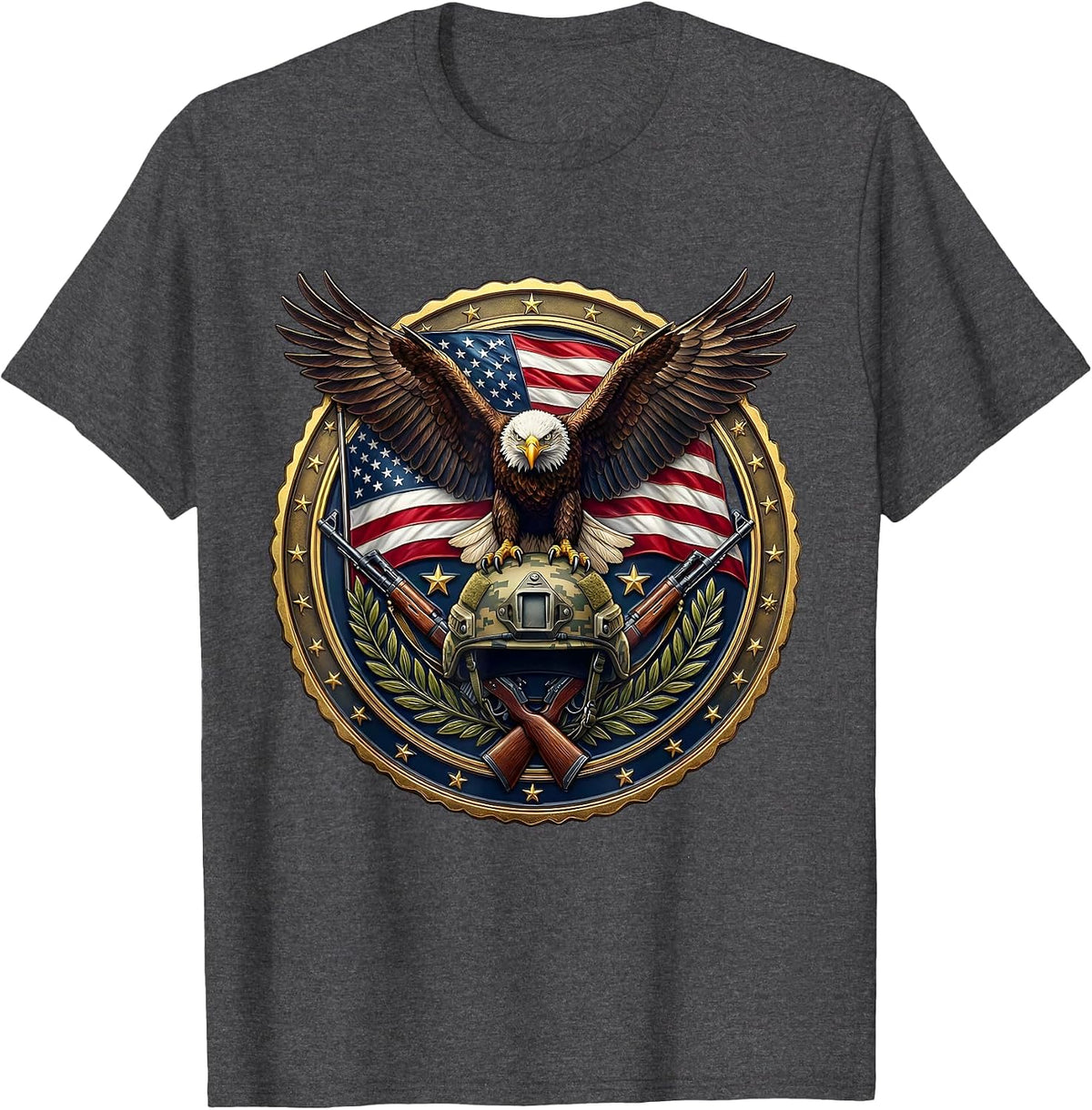 Men's Bald Eagle on Military Helmet Patriotic Design T-Shirt - Dark Heather Grey