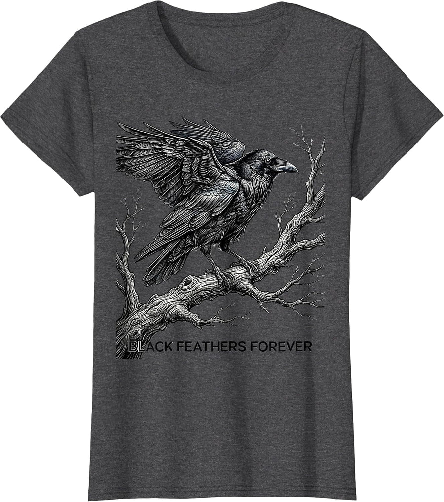 Women's Black Feathers Forever Crow Graphic Design T-Shirt - Dark Heather Grey
