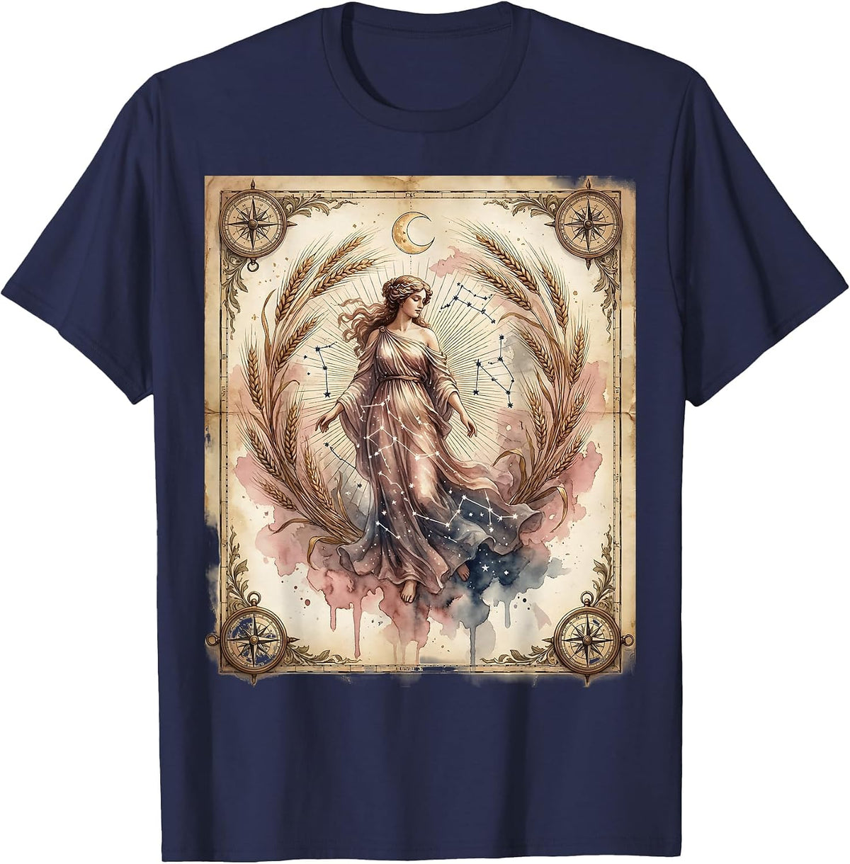 Vintage Celestial Map Virgo Maiden Astrology T-Shirt - Navy Blue