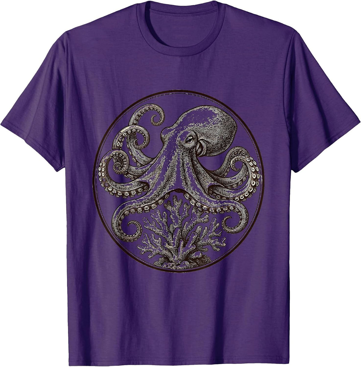 Octopus Curled Around Coral Reef Illustration T-Shirt - Purple
