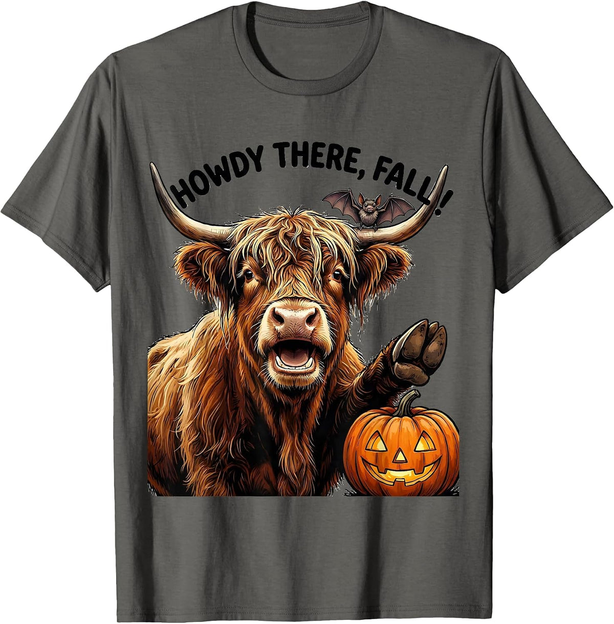 Men's Howdy There, Fall! Whimsical Highland Cow Halloween Pun T-Shirt - Asphalt Grey