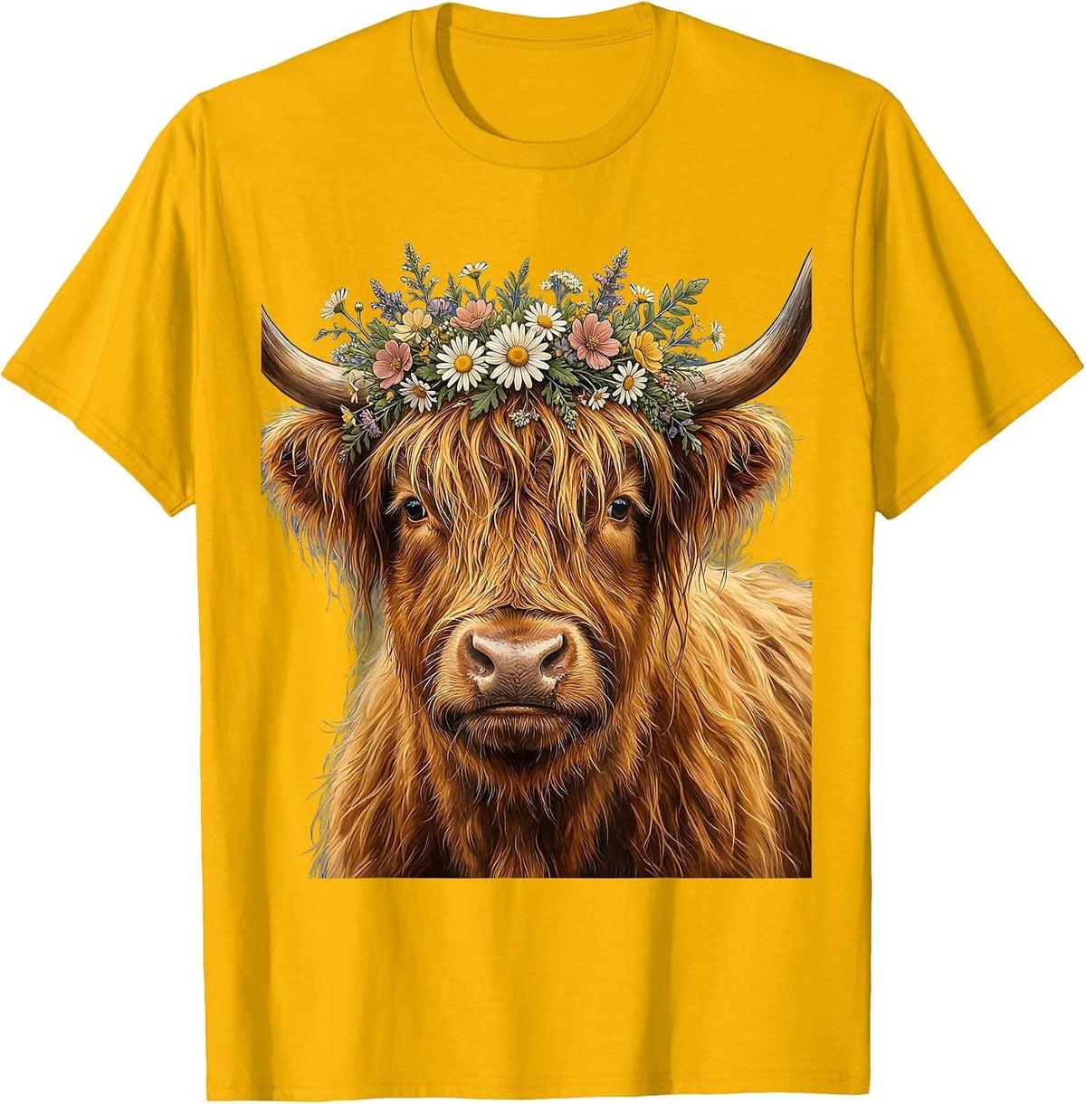 Highland Cow Flower Crown Illustration T-Shirt - Golden Yellow