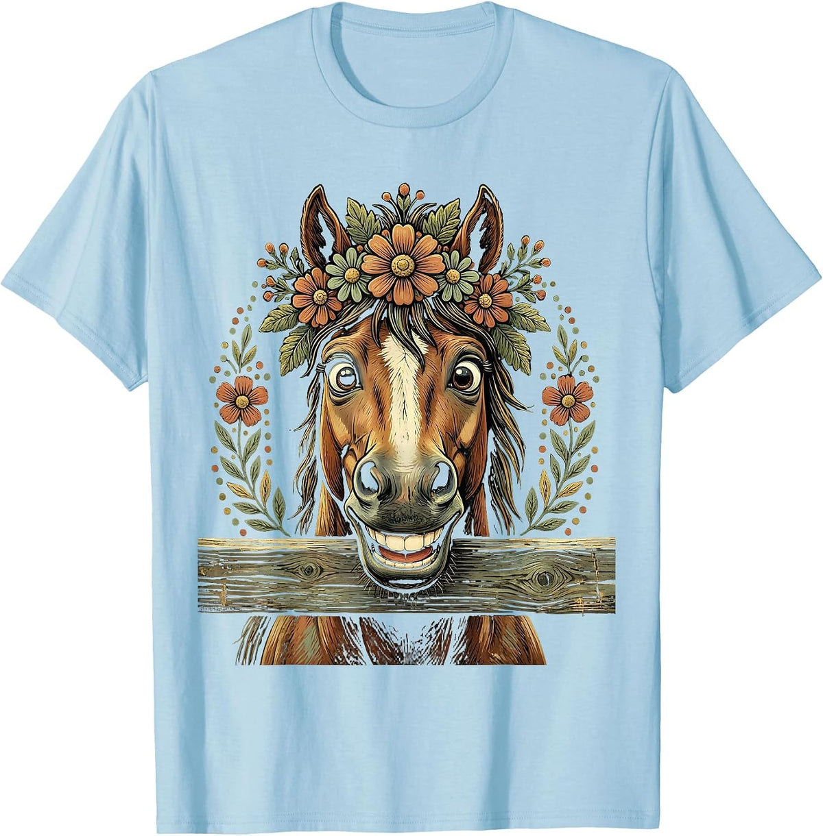 Smiling Horse Peeking Over Fence Cowgirl Design T-Shirt - Baby Blue