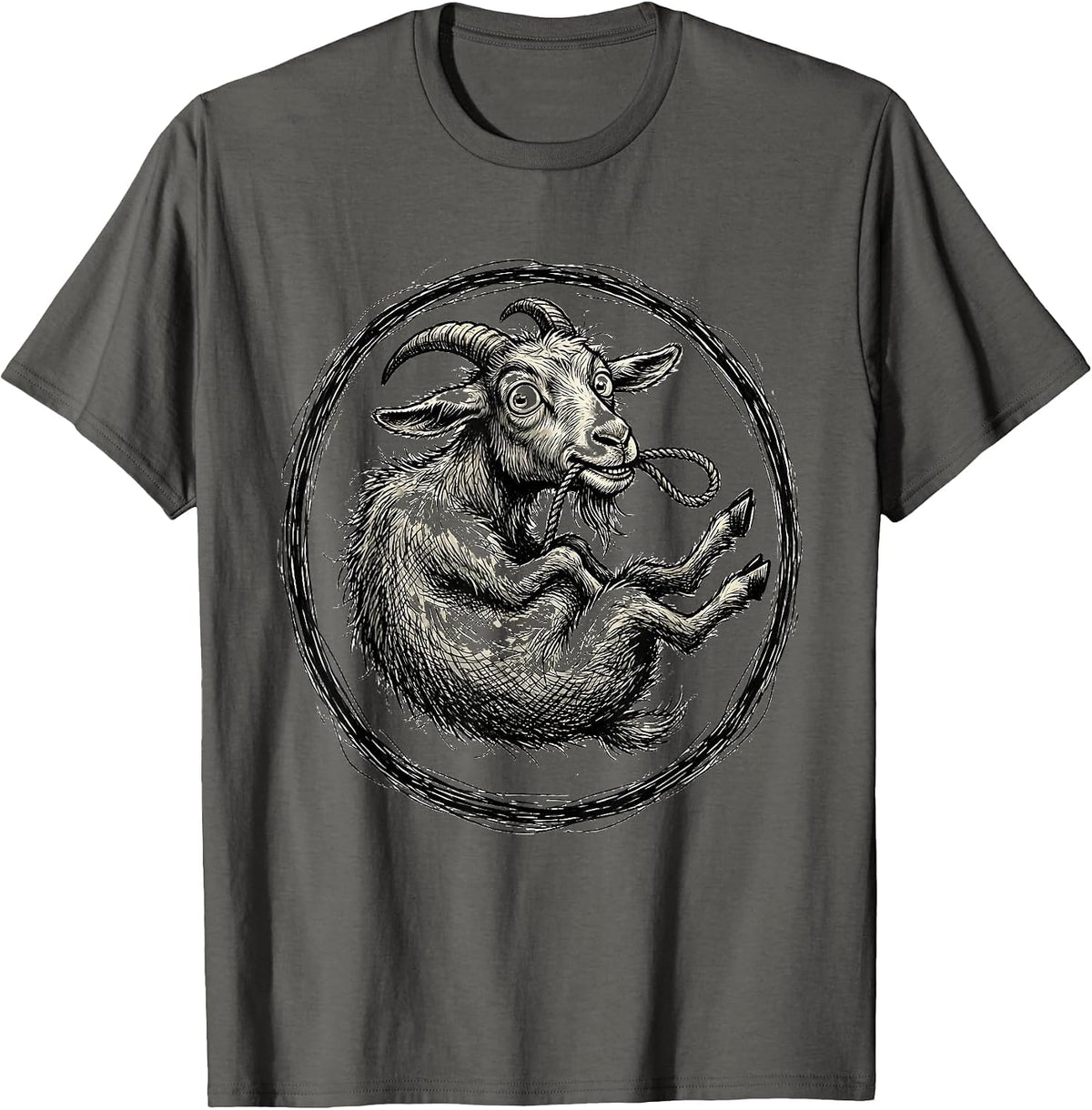 Men's Goat Eating Its Own Leash Funny Animal Art T-Shirt - Asphalt Grey