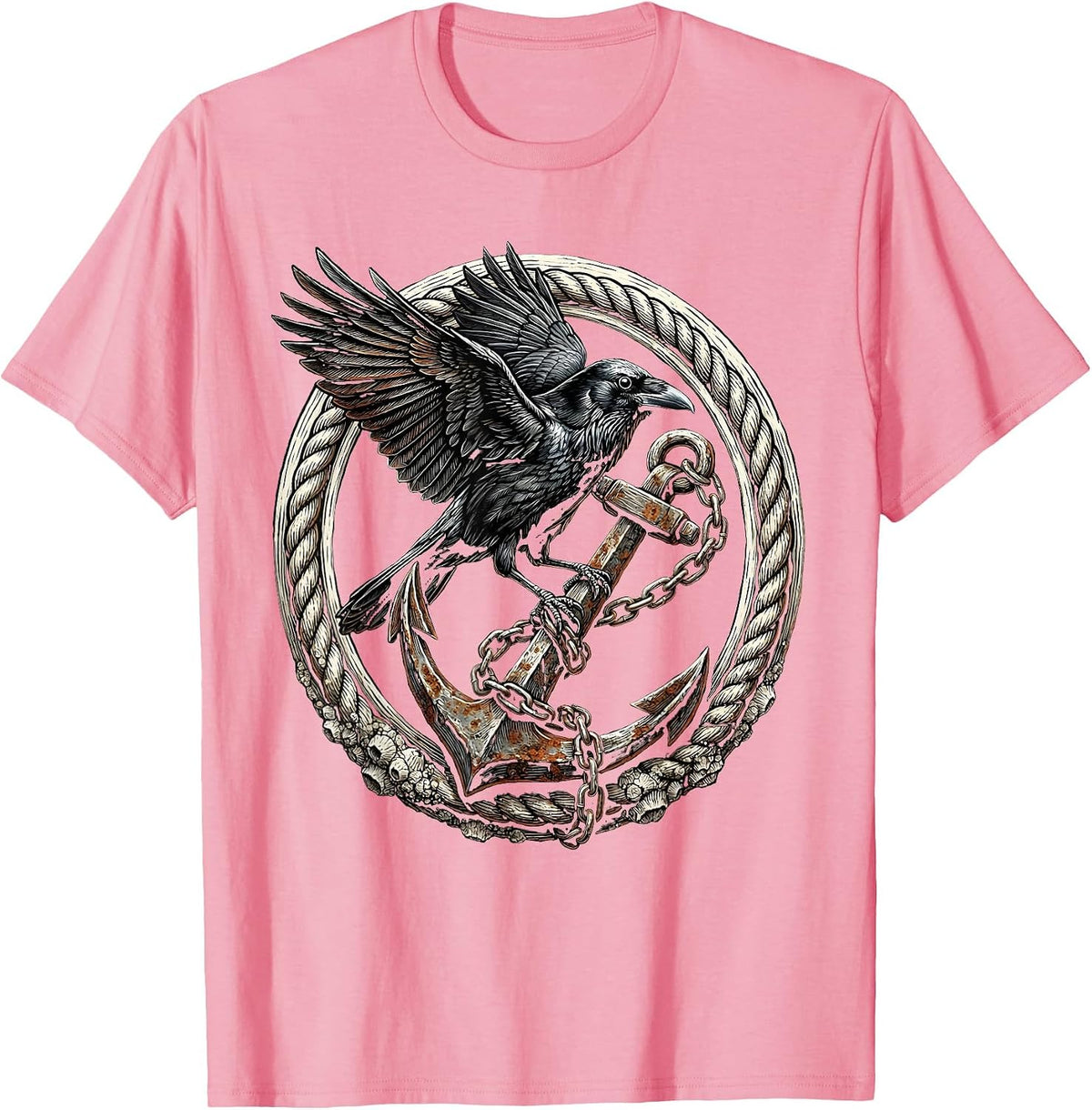 Men's Crow Perched on Rusted Anchor Illustration T-Shirt - Pink