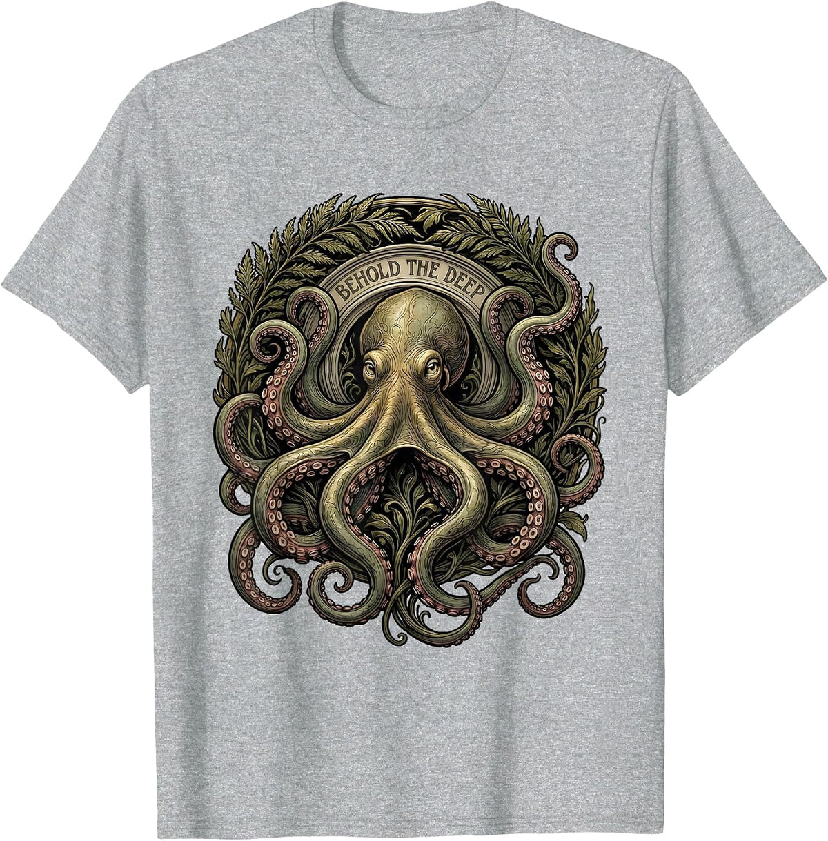 Men's Behold The Deep Art Nouveau Octopus Ocean Creature Lover T-Shirt - Heather Grey