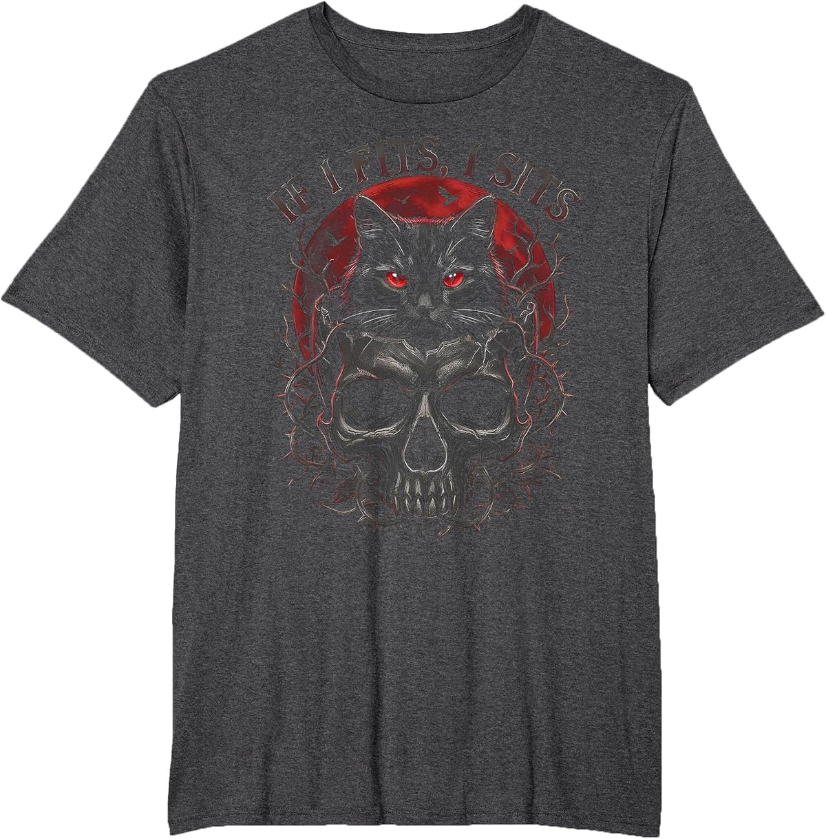 If I Fits I Sits Black Cat Skull Gothic Dark Humor T-Shirt - Dark Heather Grey