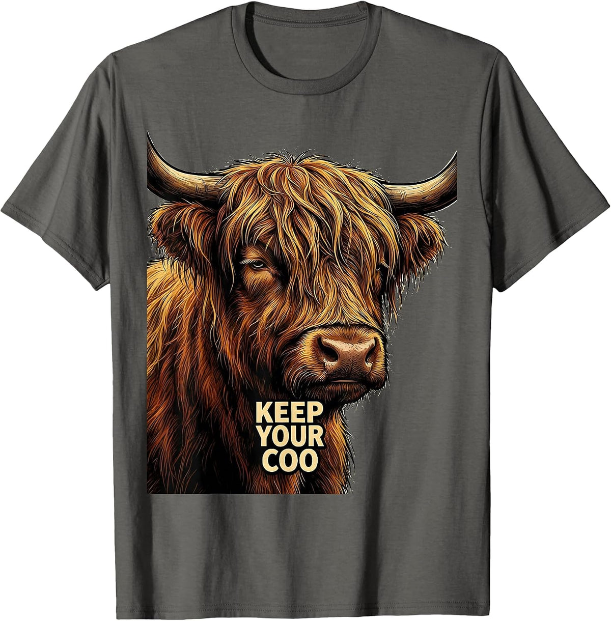 Men's Keep Your Coo Funny Highland Cow Cartoon Humor T-Shirt - Asphalt Grey