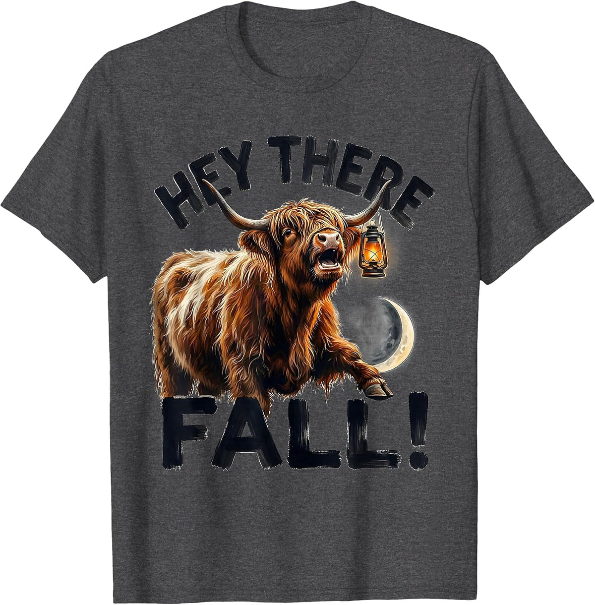 Hey There, Fall! Whimsical Highland Cow Fall Halloween Humor T-Shirt - Dark Heather Grey