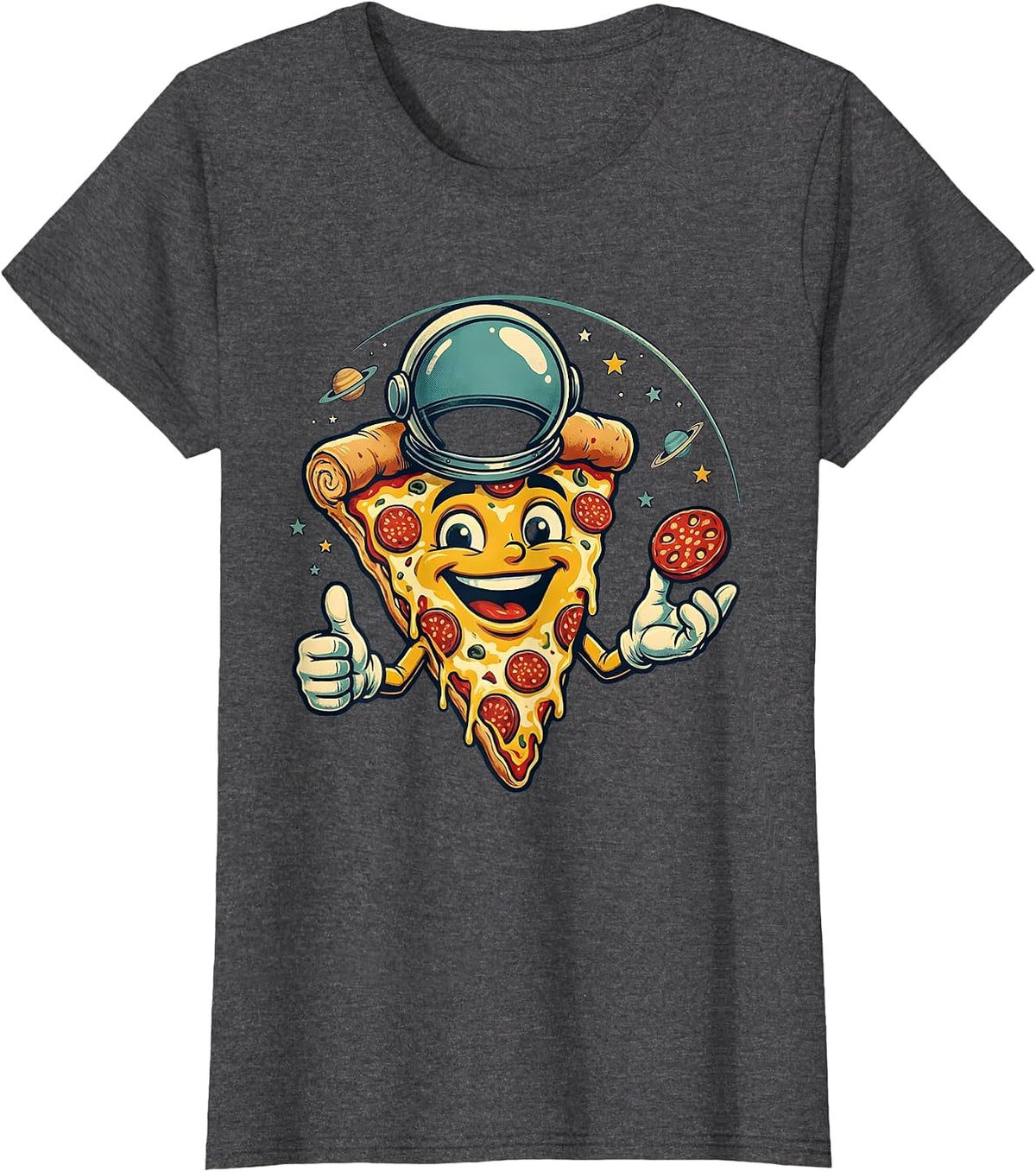 Women's Astronaut Floating With Pizza in Outer Space T-Shirt - Dark Heather Grey