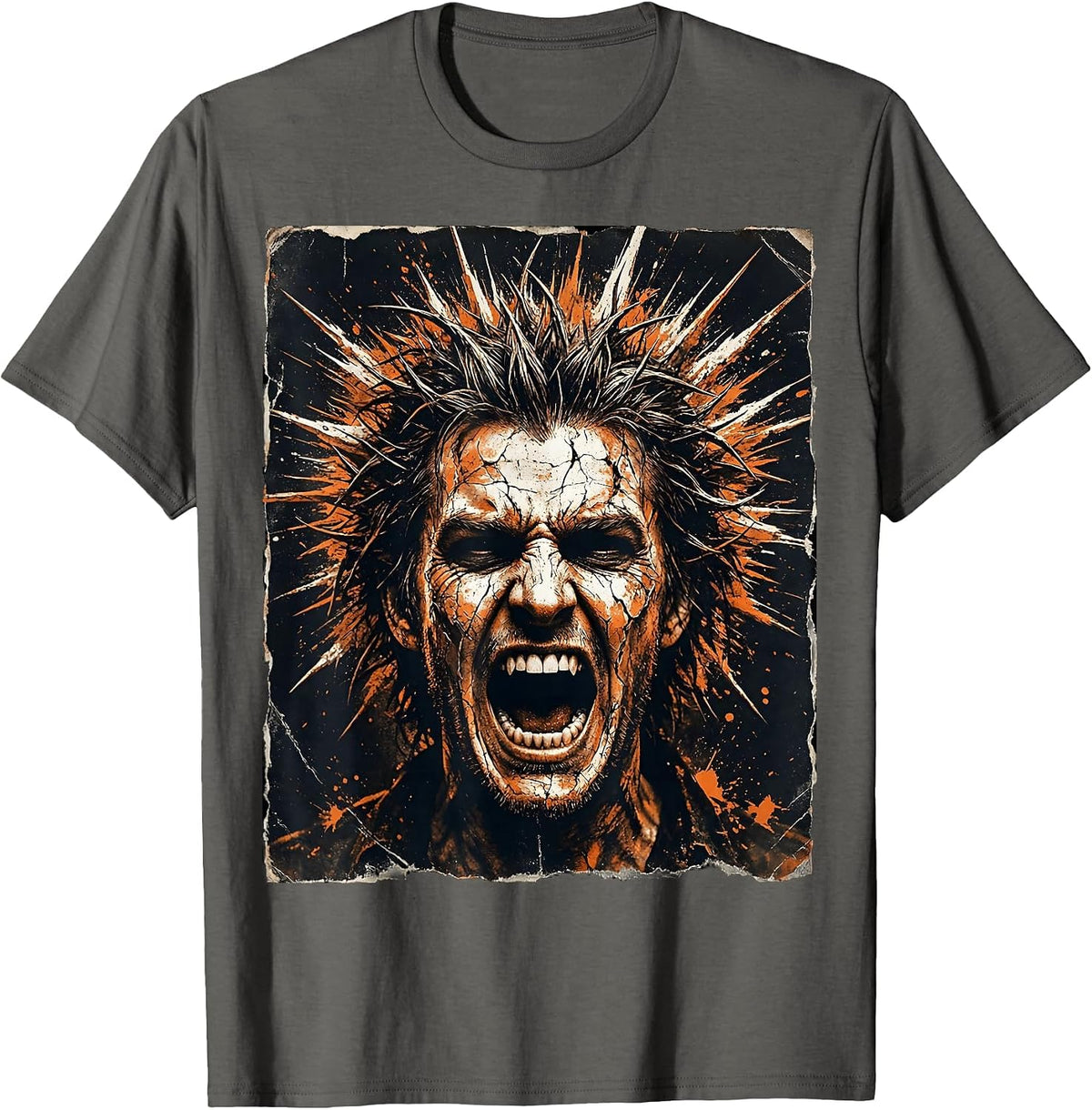 Punk Rock Screaming Face Wild Spiked Hair Design T-Shirt - Asphalt Grey