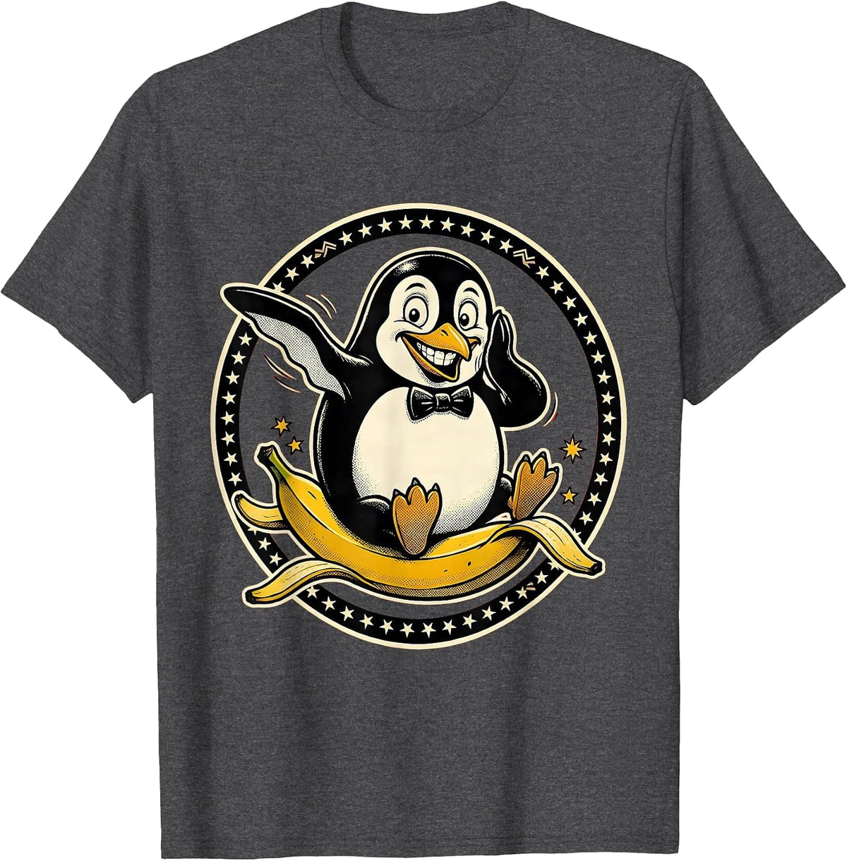 Graceful Penguin Banana Peel Slip Funny Graphic T-Shirt - Dark Heather Grey
